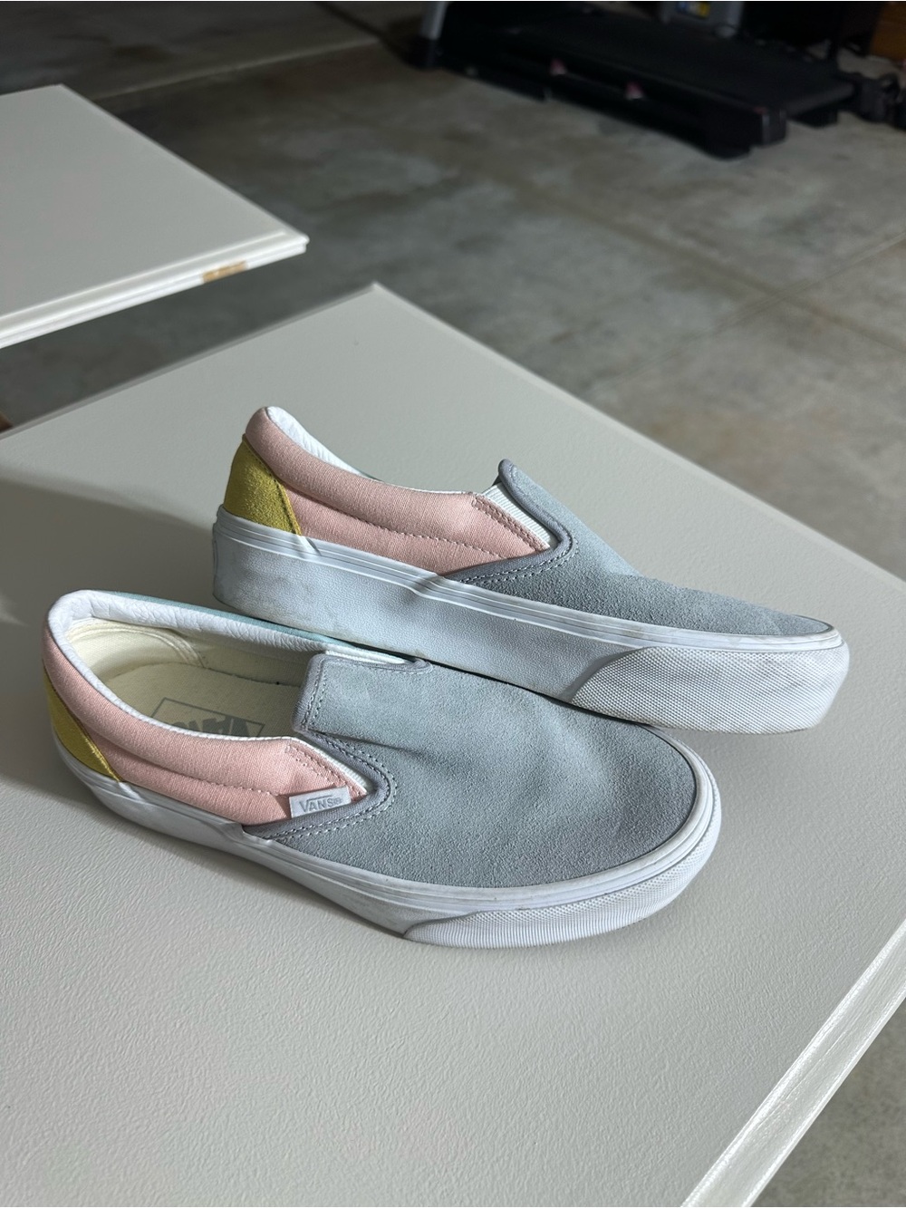 Vans Women's Slip-On Sneakers in Light Gray with Pink & Yellow Panels